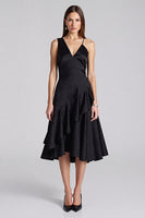 Load image into Gallery viewer, Black A Line V-Neck Satin Midi Cocktail Dress with Ruffles