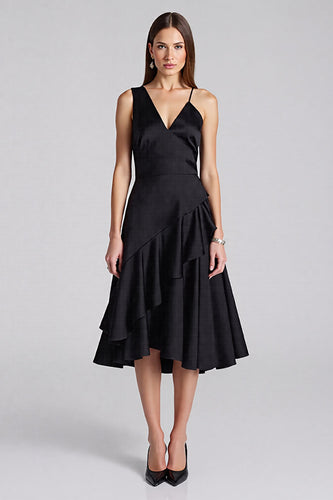 Black A Line V-Neck Satin Midi Cocktail Dress with Ruffles