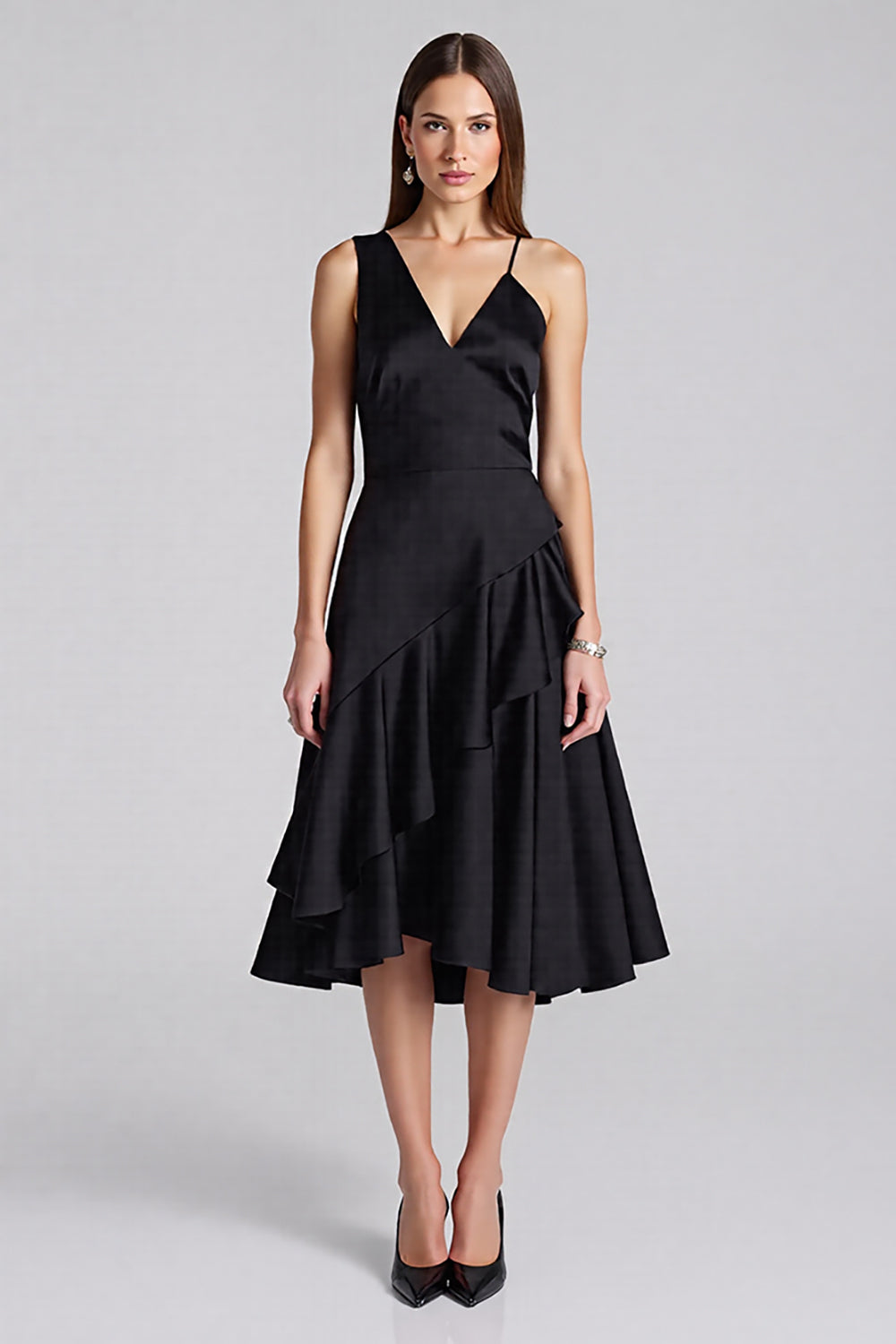 Black A Line V-Neck Satin Midi Cocktail Dress with Ruffles