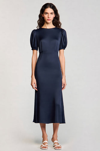 Satin Navy A Line Midi Cocktail Dress with Sleeves