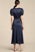 Load image into Gallery viewer, Satin Navy A Line Midi Cocktail Dress with Sleeves