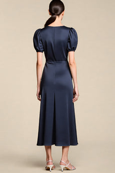 Satin Navy A Line Midi Cocktail Dress with Sleeves