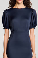 Load image into Gallery viewer, Satin Navy A Line Midi Cocktail Dress with Sleeves