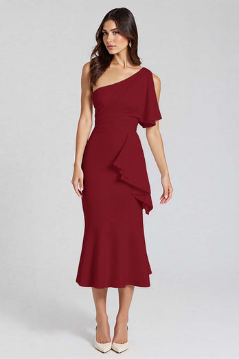 Black One Shoulder Satin Midi Cocktail Dress with Ruffles