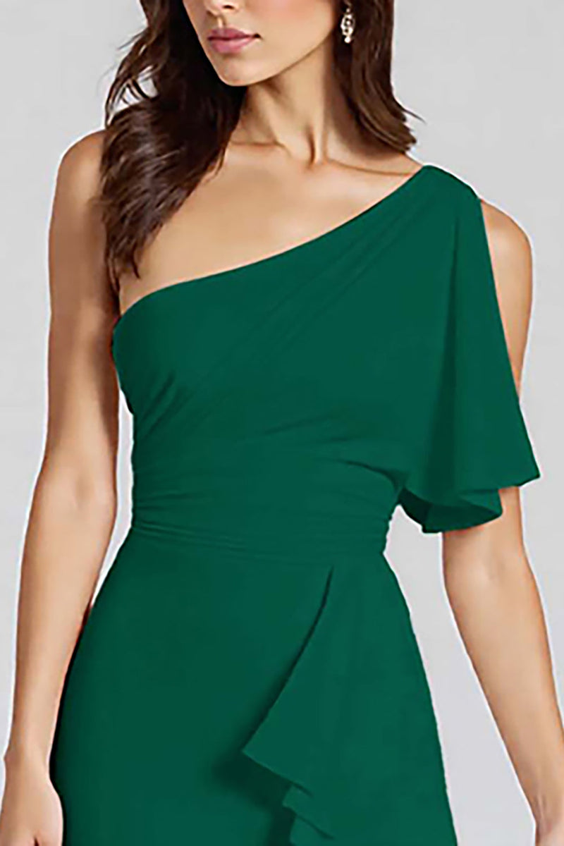 Load image into Gallery viewer, One Shoulder Dusty Blue Satin Midi Cocktail Dress with Ruffles