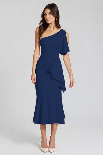 One Shoulder Dusty Blue Satin Midi Cocktail Dress with Ruffles