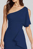 Load image into Gallery viewer, One Shoulder Dusty Blue Satin Midi Cocktail Dress with Ruffles