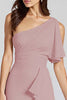 Load image into Gallery viewer, One Shoulder Dusty Blue Satin Midi Cocktail Dress with Ruffles