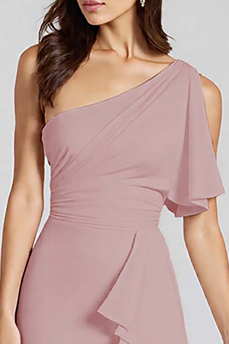 Load image into Gallery viewer, One Shoulder Dusty Blue Satin Midi Cocktail Dress with Ruffles