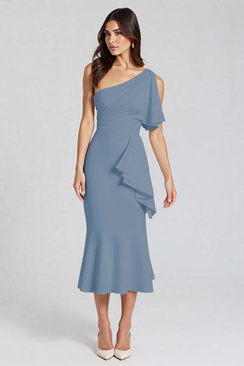 One Shoulder Dusty Blue Satin Midi Cocktail Dress with Ruffles