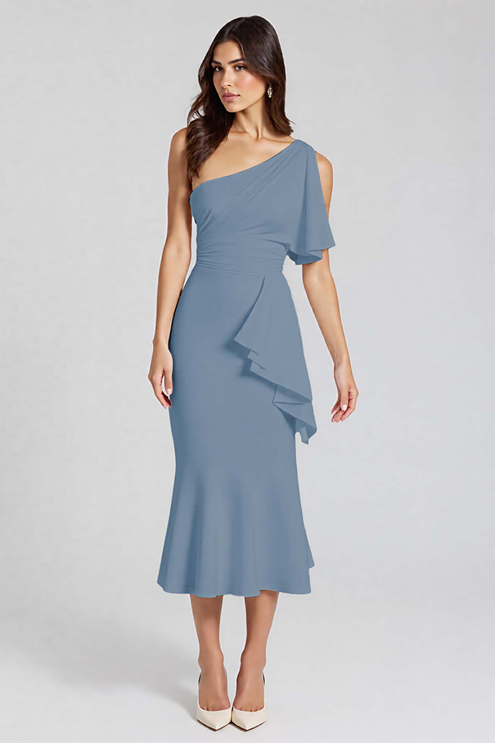 One Shoulder Dusty Blue Satin Midi Cocktail Dress with Ruffles