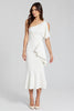Load image into Gallery viewer, One Shoulder Dusty Blue Satin Midi Cocktail Dress with Ruffles