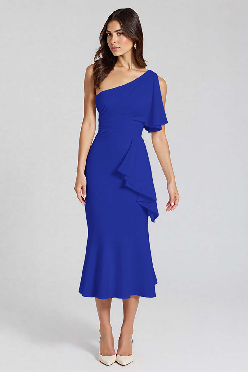 Load image into Gallery viewer, Black One Shoulder Satin Midi Cocktail Dress with Ruffles