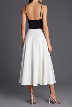Black and White Patchwork Satin A Line Long Formal Dress