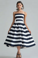 Load image into Gallery viewer, Navy White Stripe Strapless A Line Midi Cocktail Dress
