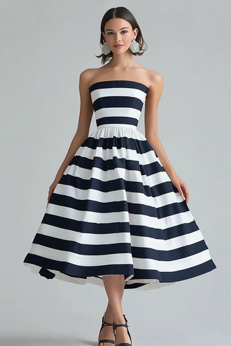 Navy White Stripe Strapless A Line Midi Cocktail Dress