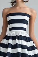 Load image into Gallery viewer, Navy White Stripe Strapless A Line Midi Cocktail Dress