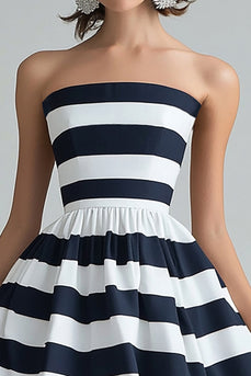 Navy White Stripe Strapless A Line Midi Cocktail Dress