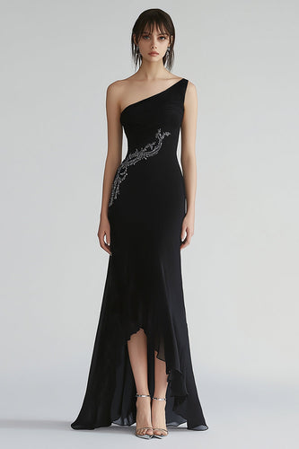 Sparkly One Shoulder Chiffon Long Black Tie Dress with Beading