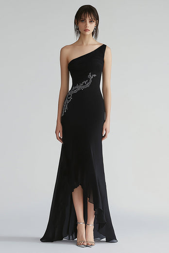 Sparkly One Shoulder Chiffon Long Black Tie Dress with Beading
