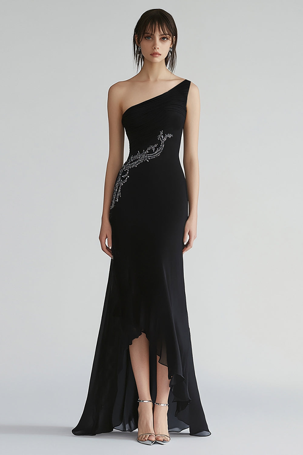 Sparkly One Shoulder Chiffon Long Black Tie Dress with Beading