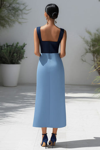 Satin Blue Patchwork Long Formal Dress with Slit