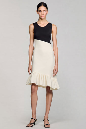 Satin Black and White Midi Cocktail Dress with Ruffles