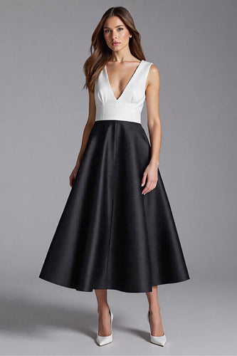 Satin Black and White Patchwork A Line Midi Cocktail Dress