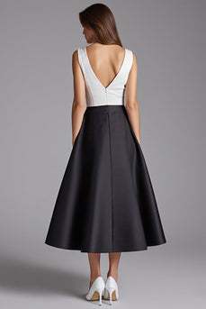 Satin Black and White Patchwork A Line Midi Cocktail Dress
