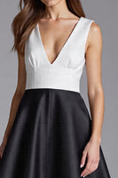 Load image into Gallery viewer, Satin Black and White Patchwork A Line Midi Cocktail Dress