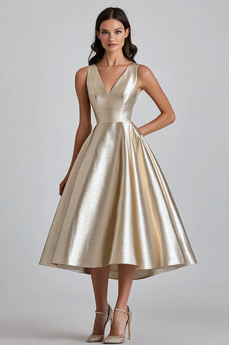 V-Neck A Line Champagne Midi Cocktail Dress