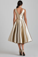 Load image into Gallery viewer, V-Neck A Line Champagne Midi Cocktail Dress