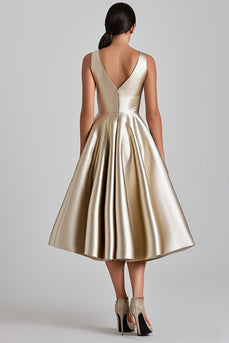V-Neck A Line Champagne Midi Cocktail Dress