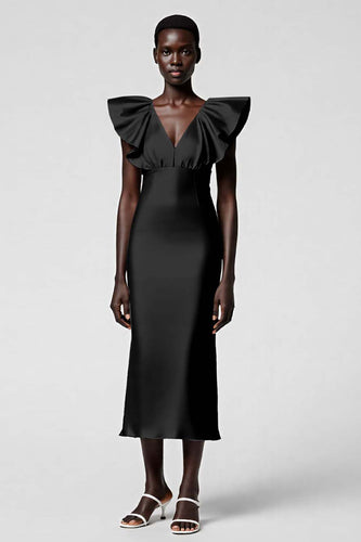 Satin Black Sheath Midi Cocktail Dress with Ruffles
