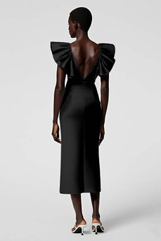Satin Black Sheath Midi Cocktail Dress with Ruffles