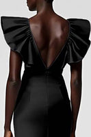 Load image into Gallery viewer, Satin Black Sheath Midi Cocktail Dress with Ruffles