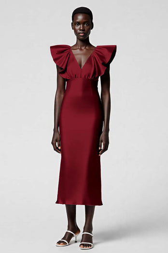 Satin Black Sheath Midi Cocktail Dress with Ruffles