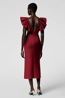 Load image into Gallery viewer, Satin Black Sheath Midi Cocktail Dress with Ruffles