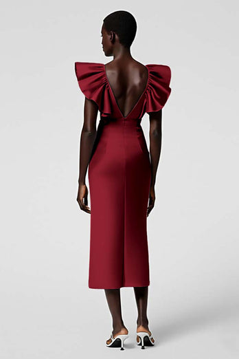 Satin Black Sheath Midi Cocktail Dress with Ruffles