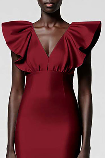 Satin Black Sheath Midi Cocktail Dress with Ruffles