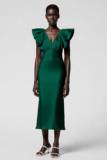 Satin Black Sheath Midi Cocktail Dress with Ruffles