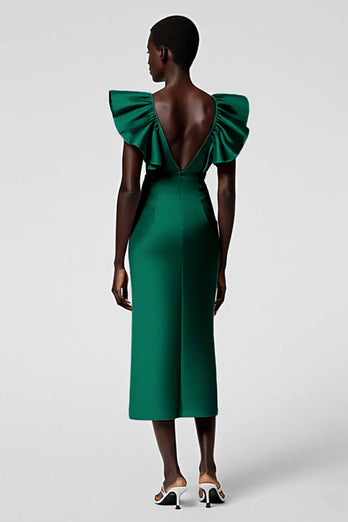 Satin Black Sheath Midi Cocktail Dress with Ruffles