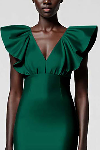Satin Black Sheath Midi Cocktail Dress with Ruffles
