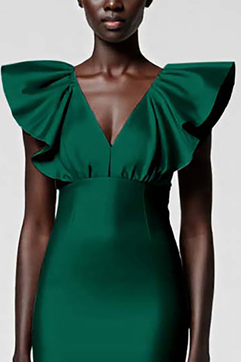 Load image into Gallery viewer, Satin Black Sheath Midi Cocktail Dress with Ruffles