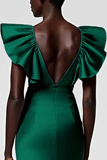 Satin Black Sheath Midi Cocktail Dress with Ruffles