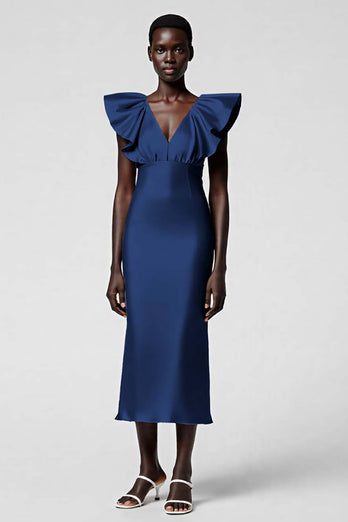 Satin Black Sheath Midi Cocktail Dress with Ruffles