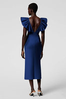 Load image into Gallery viewer, Satin Black Sheath Midi Cocktail Dress with Ruffles