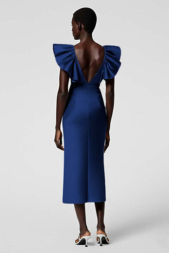 Satin Black Sheath Midi Cocktail Dress with Ruffles