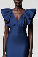 Load image into Gallery viewer, Satin Black Sheath Midi Cocktail Dress with Ruffles