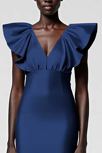 Satin Black Sheath Midi Cocktail Dress with Ruffles